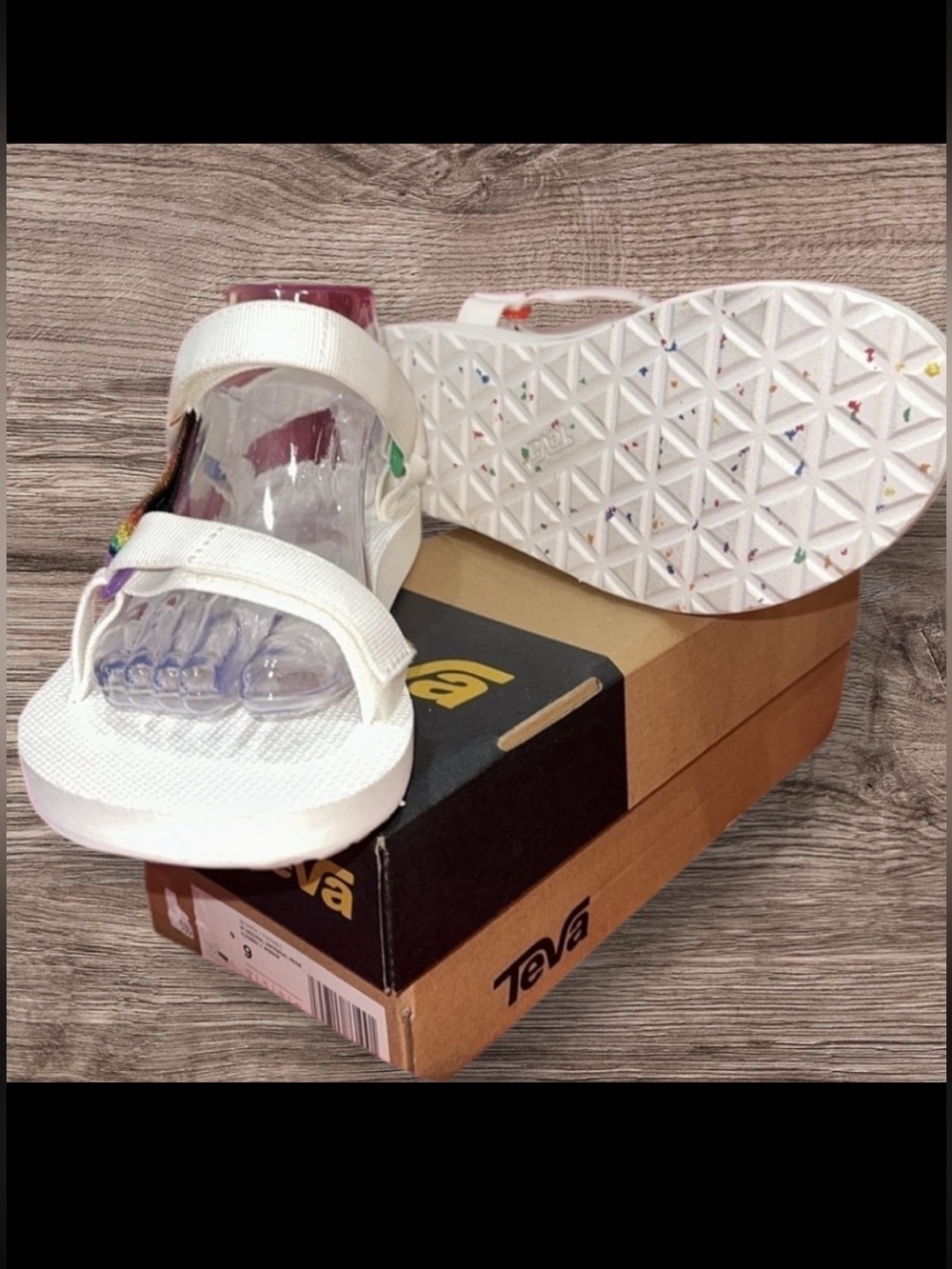 NEW Teva Women's Original Universal Sandal White Rainbow colors trim Sz 9